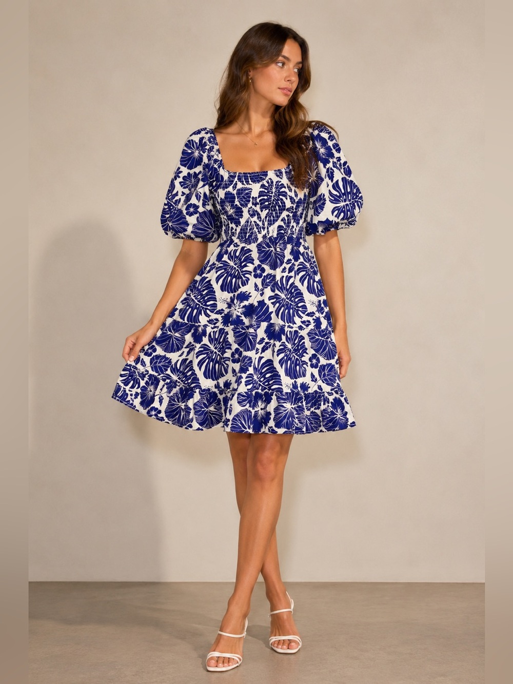 🌺 Tropical Blue & White Puff Sleeve Smocked Midi Dress NWT